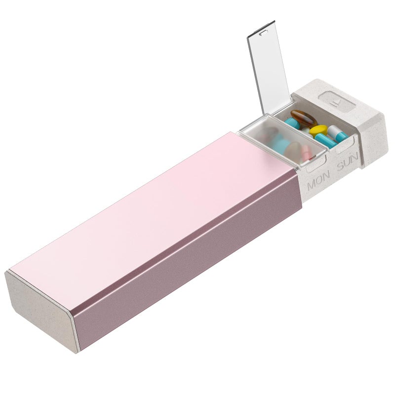 HEIYING 7 Days Pill Organizer with Aluminum Shell for One Week Capacity, Portable Metal Pill Case to Hold Vitamin, Medicine, Supplements